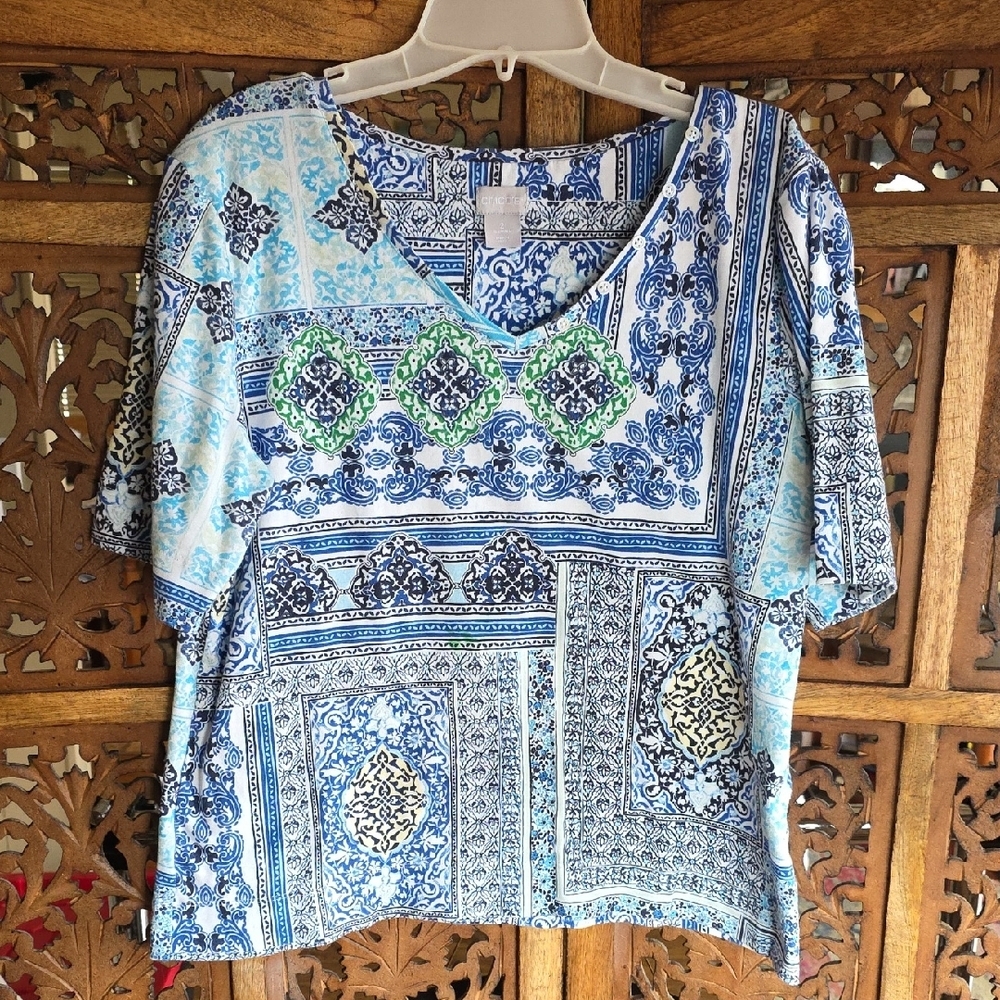 Chico's Blue and Green Patterned Blouse